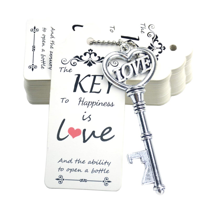 Makhry 52pcs Vintage Skeleton Key Bottle Opener with Love Heart Escort Tags and Keychain as Wedding Favor for Wedding Decor (Antique Silver) - Image 1